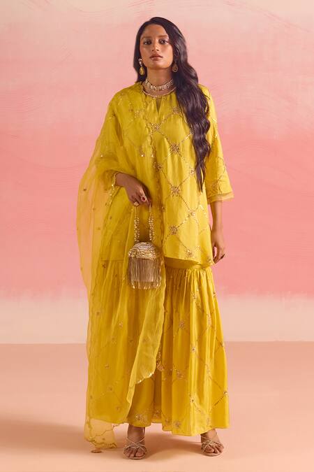 One Not Two Yellow Silk, Cotton Sequins, Criss Cross Embroidered Short Kurta With Gharara Online at Aza Fashions One Not Two_Yellow Silk, Cotton Sequins, Criss Cross Embroidered Short Kurta With Gharara _Online_at_Aza_Fashions