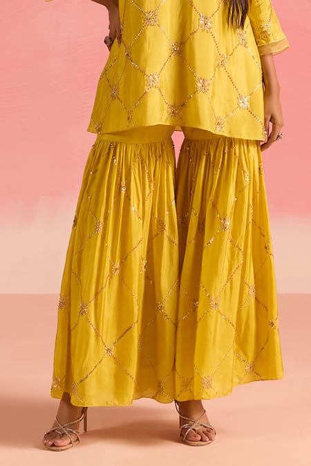 Shop One Not Two Yellow Silk, Cotton Sequins, Criss Cross Embroidered Short Kurta With Gharara Online at Aza Fashions Shop_One Not Two_Yellow Silk, Cotton Sequins, Criss Cross Embroidered Short Kurta With Gharara _Online_at_Aza_Fashions