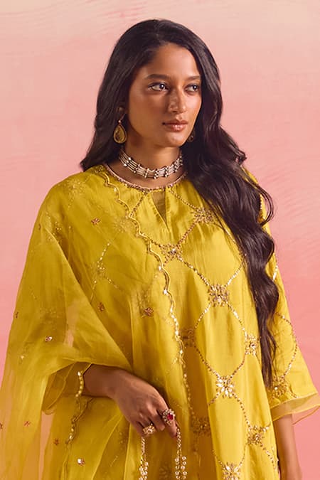 Buy One Not Two Yellow Silk, Cotton Sequins, Criss Cross Embroidered Short Kurta With Gharara Buy_One Not Two_Yellow Silk, Cotton Sequins, Criss Cross Embroidered Short Kurta With Gharara