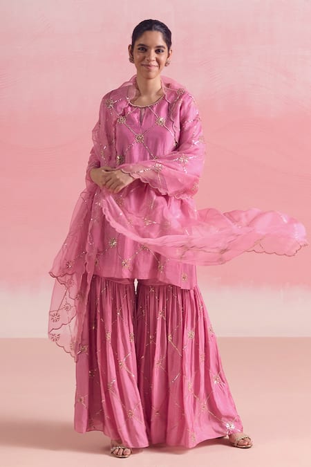 One Not Two Pink Kurta And Gharara Silk Embroidery Sequins Round Criss Cross Short With 