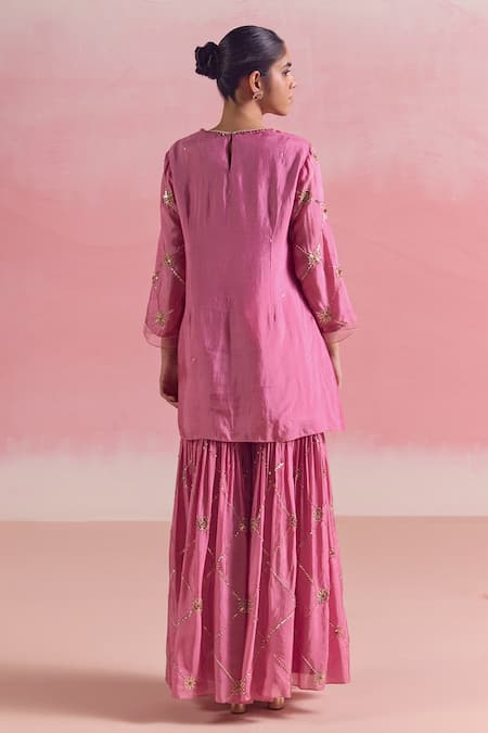 Shop One Not Two Pink Silk, Cotton Sequins, Criss Cross Embroidered Short Kurta With Gharara at Aza Fashions Shop_One Not Two_Pink Silk, Cotton Sequins, Criss Cross Embroidered Short Kurta With Gharara _at_Aza_Fashions
