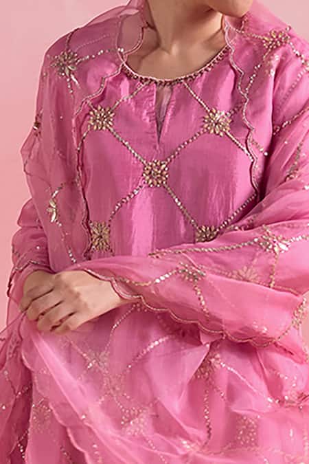 One Not Two Pink Silk, Cotton Sequins, Criss Cross Embroidered Short Kurta With Gharara Online at Aza Fashions One Not Two_Pink Silk, Cotton Sequins, Criss Cross Embroidered Short Kurta With Gharara _Online_at_Aza_Fashions