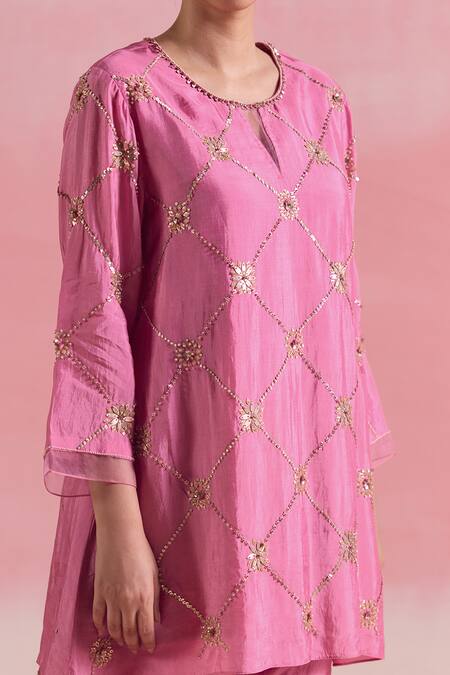 Buy One Not Two Pink Silk, Cotton Sequins, Criss Cross Embroidered Short Kurta With Gharara Online at Aza Fashions Buy_One Not Two_Pink Silk, Cotton Sequins, Criss Cross Embroidered Short Kurta With Gharara _Online_at_Aza_Fashions