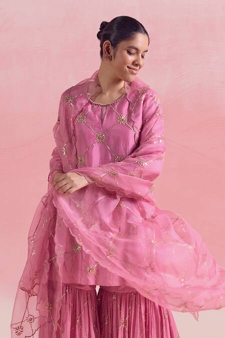 Shop One Not Two Pink Silk, Cotton Sequins, Criss Cross Embroidered Short Kurta With Gharara Online at Aza Fashions Shop_One Not Two_Pink Silk, Cotton Sequins, Criss Cross Embroidered Short Kurta With Gharara _Online_at_Aza_Fashions