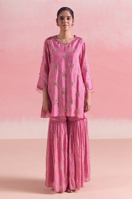 One Not Two Pink Silk, Cotton Sequins, Criss Cross Embroidered Short Kurta With Gharara at Aza Fashions One Not Two_Pink Silk, Cotton Sequins, Criss Cross Embroidered Short Kurta With Gharara _at_Aza_Fashions