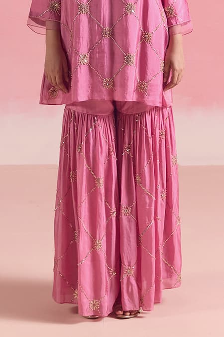 Buy One Not Two Pink Silk, Cotton Sequins, Criss Cross Embroidered Short Kurta With Gharara Buy_One Not Two_Pink Silk, Cotton Sequins, Criss Cross Embroidered Short Kurta With Gharara