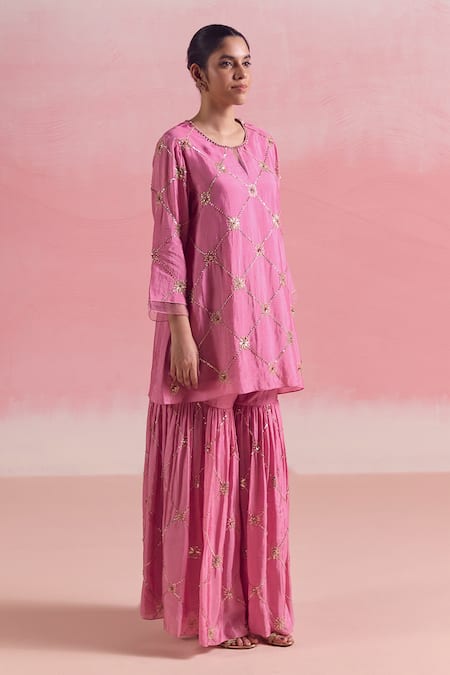 Shop One Not Two Pink Silk, Cotton Sequins, Criss Cross Embroidered Short Kurta With Gharara Shop_One Not Two_Pink Silk, Cotton Sequins, Criss Cross Embroidered Short Kurta With Gharara
