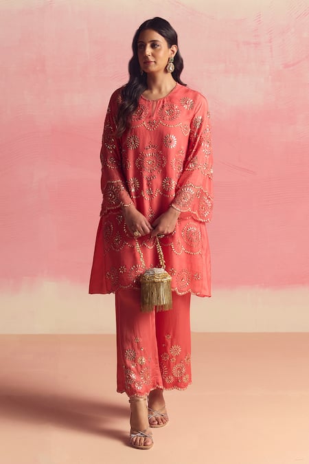 One Not Two Geometric Motif Embroidered A-Line Kurta & Pant Set 