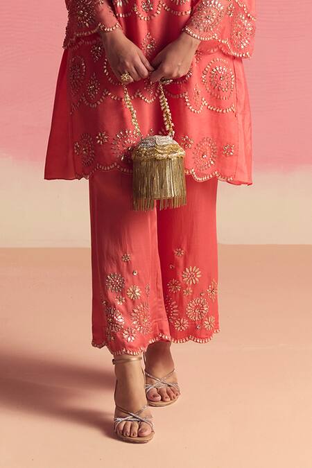 Shop One Not Two Coral Silk, Organza, Cotton, Geometric Motif Embroidered A-line Kurta And Pant Set Online at Aza Fashions Shop_One Not Two_Coral Silk, Organza, Cotton, Geometric Motif Embroidered A-line Kurta And Pant Set _Online_at_Aza_Fashions