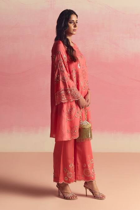 Buy One Not Two Coral Silk, Organza, Cotton, Geometric Motif Embroidered A-line Kurta And Pant Set Buy_One Not Two_Coral Silk, Organza, Cotton, Geometric Motif Embroidered A-line Kurta And Pant Set
