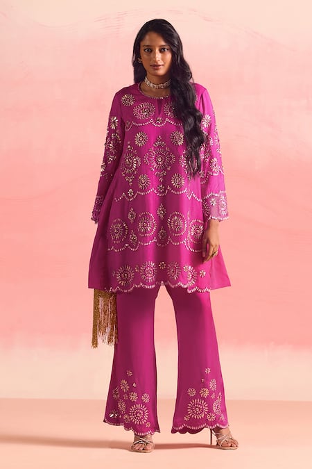 One Not Two Geometric Pattern Embroidered A-Line Kurta & Pant Set 