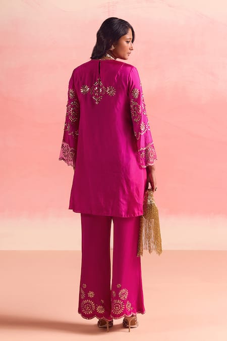Shop One Not Two Pink Silk, Organza, Geometric Pattern Embroidered A-line Kurta And Pant Set at Aza Fashions Shop_One Not Two_Pink Silk, Organza, Geometric Pattern Embroidered A-line Kurta And Pant Set _at_Aza_Fashions