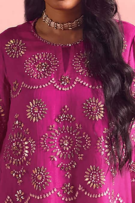 One Not Two Pink Silk, Organza, Geometric Pattern Embroidered A-line Kurta And Pant Set Online at Aza Fashions One Not Two_Pink Silk, Organza, Geometric Pattern Embroidered A-line Kurta And Pant Set _Online_at_Aza_Fashions