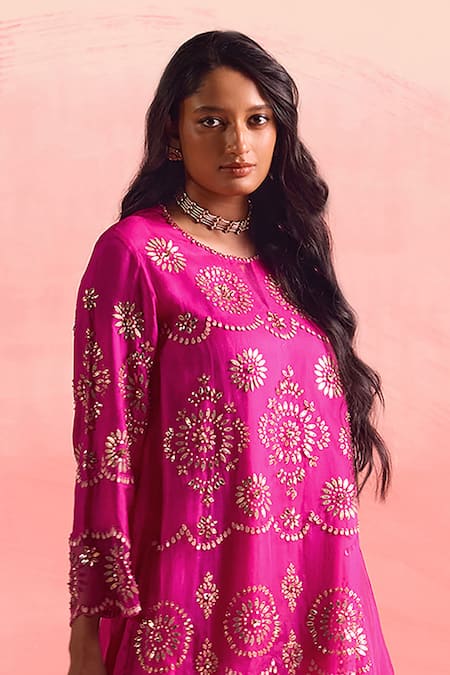 Buy One Not Two Pink Silk, Organza, Geometric Pattern Embroidered A-line Kurta And Pant Set Online at Aza Fashions Buy_One Not Two_Pink Silk, Organza, Geometric Pattern Embroidered A-line Kurta And Pant Set _Online_at_Aza_Fashions