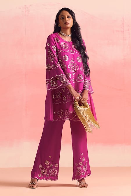 Shop One Not Two Pink Silk, Organza, Geometric Pattern Embroidered A-line Kurta And Pant Set Online at Aza Fashions Shop_One Not Two_Pink Silk, Organza, Geometric Pattern Embroidered A-line Kurta And Pant Set _Online_at_Aza_Fashions