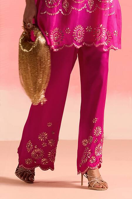 One Not Two Pink Silk, Organza, Geometric Pattern Embroidered A-line Kurta And Pant Set at Aza Fashions One Not Two_Pink Silk, Organza, Geometric Pattern Embroidered A-line Kurta And Pant Set _at_Aza_Fashions