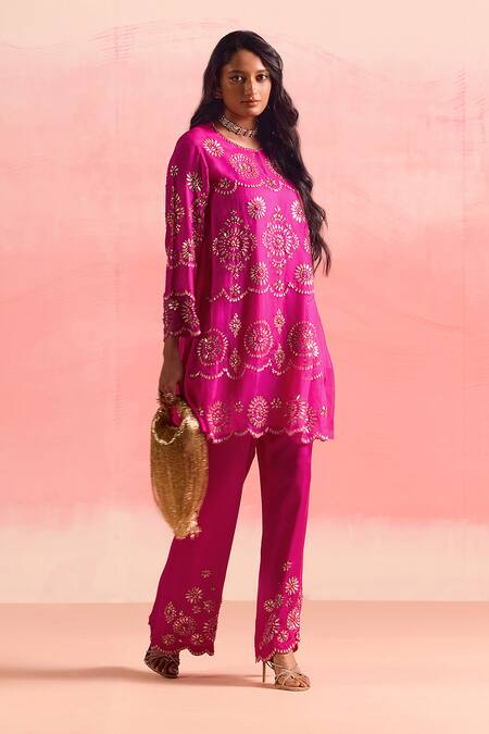 Buy One Not Two Pink Silk, Organza, Geometric Pattern Embroidered A-line Kurta And Pant Set Buy_One Not Two_Pink Silk, Organza, Geometric Pattern Embroidered A-line Kurta And Pant Set