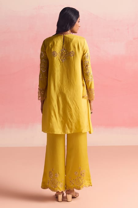 Shop One Not Two Yellow Silk, Organza, Cotton, Satin Geometric Motif Short Kurta And Pant Set at Aza Fashions Shop_One Not Two_Yellow Silk, Organza, Cotton, Satin Geometric Motif Short Kurta And Pant Set _at_Aza_Fashions