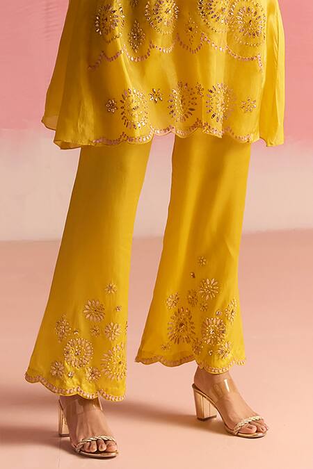 One Not Two Yellow Silk, Organza, Cotton, Satin Geometric Motif Short Kurta And Pant Set Online at Aza Fashions One Not Two_Yellow Silk, Organza, Cotton, Satin Geometric Motif Short Kurta And Pant Set _Online_at_Aza_Fashions