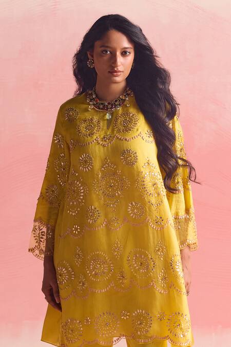 Buy One Not Two Yellow Silk, Organza, Cotton, Satin Geometric Motif Short Kurta And Pant Set Online at Aza Fashions Buy_One Not Two_Yellow Silk, Organza, Cotton, Satin Geometric Motif Short Kurta And Pant Set _Online_at_Aza_Fashions