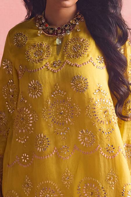 Shop One Not Two Yellow Silk, Organza, Cotton, Satin Geometric Motif Short Kurta And Pant Set Online at Aza Fashions Shop_One Not Two_Yellow Silk, Organza, Cotton, Satin Geometric Motif Short Kurta And Pant Set _Online_at_Aza_Fashions