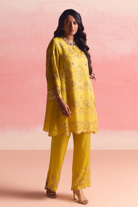 One Not Two Yellow Silk, Organza, Cotton, Satin Geometric Motif Short Kurta And Pant Set at Aza Fashions One Not Two_Yellow Silk, Organza, Cotton, Satin Geometric Motif Short Kurta And Pant Set _at_Aza_Fashions