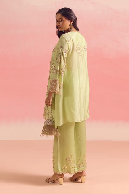 Shop One Not Two Green Silk, Organza, Cotton, Geometric Embroidered A-line Kurta And Pant Set at Aza Fashions Shop_One Not Two_Green Silk, Organza, Cotton, Geometric Embroidered A-line Kurta And Pant Set _at_Aza_Fashions