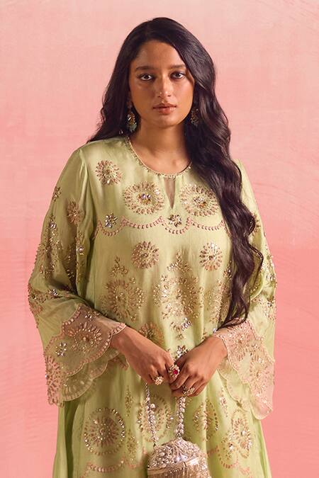 One Not Two Green Silk, Organza, Cotton, Geometric Embroidered A-line Kurta And Pant Set Online at Aza Fashions One Not Two_Green Silk, Organza, Cotton, Geometric Embroidered A-line Kurta And Pant Set _Online_at_Aza_Fashions