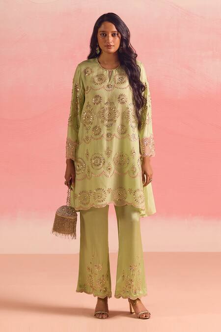 Buy One Not Two Green Silk, Organza, Cotton, Geometric Embroidered A-line Kurta And Pant Set Online at Aza Fashions Buy_One Not Two_Green Silk, Organza, Cotton, Geometric Embroidered A-line Kurta And Pant Set _Online_at_Aza_Fashions