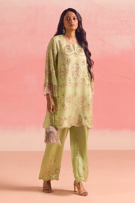 Shop One Not Two Green Silk, Organza, Cotton, Geometric Embroidered A-line Kurta And Pant Set Online at Aza Fashions Shop_One Not Two_Green Silk, Organza, Cotton, Geometric Embroidered A-line Kurta And Pant Set _Online_at_Aza_Fashions