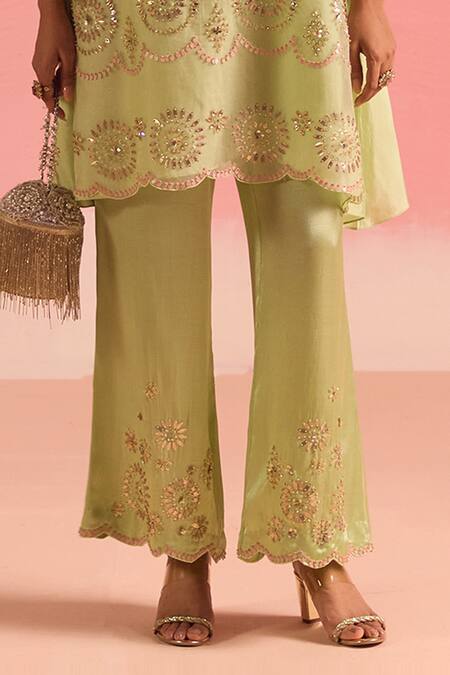 One Not Two Green Silk, Organza, Cotton, Geometric Embroidered A-line Kurta And Pant Set at Aza Fashions One Not Two_Green Silk, Organza, Cotton, Geometric Embroidered A-line Kurta And Pant Set _at_Aza_Fashions