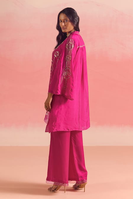 Shop One Not Two Pink Silk, Organza, Geometric Motif Embroidered Gathered Kurta And Pant Set at Aza Fashions Shop_One Not Two_Pink Silk, Organza, Geometric Motif Embroidered Gathered Kurta And Pant Set _at_Aza_Fashions