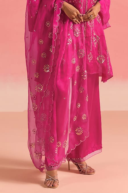 One Not Two Pink Silk, Organza, Geometric Motif Embroidered Gathered Kurta And Pant Set Online at Aza Fashions One Not Two_Pink Silk, Organza, Geometric Motif Embroidered Gathered Kurta And Pant Set _Online_at_Aza_Fashions