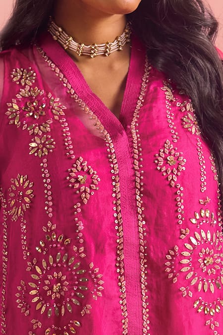 Buy One Not Two Pink Silk, Organza, Geometric Motif Embroidered Gathered Kurta And Pant Set Online at Aza Fashions Buy_One Not Two_Pink Silk, Organza, Geometric Motif Embroidered Gathered Kurta And Pant Set _Online_at_Aza_Fashions