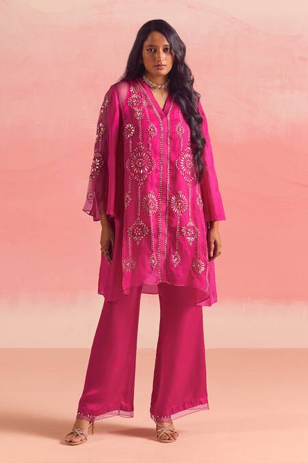 Shop One Not Two Pink Silk, Organza, Geometric Motif Embroidered Gathered Kurta And Pant Set Online at Aza Fashions Shop_One Not Two_Pink Silk, Organza, Geometric Motif Embroidered Gathered Kurta And Pant Set _Online_at_Aza_Fashions