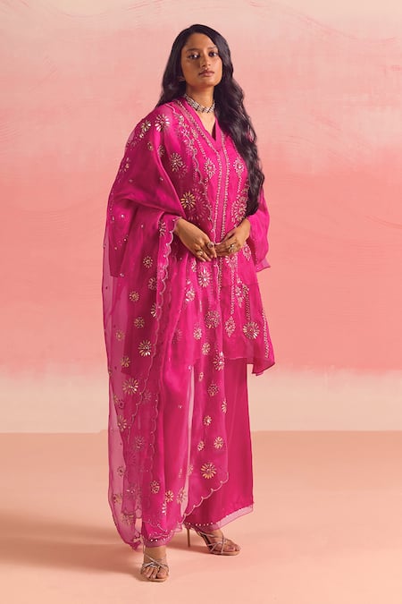 One Not Two Pink Silk, Organza, Geometric Motif Embroidered Gathered Kurta And Pant Set at Aza Fashions One Not Two_Pink Silk, Organza, Geometric Motif Embroidered Gathered Kurta And Pant Set _at_Aza_Fashions
