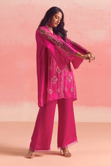 Buy One Not Two Pink Silk, Organza, Geometric Motif Embroidered Gathered Kurta And Pant Set Buy_One Not Two_Pink Silk, Organza, Geometric Motif Embroidered Gathered Kurta And Pant Set