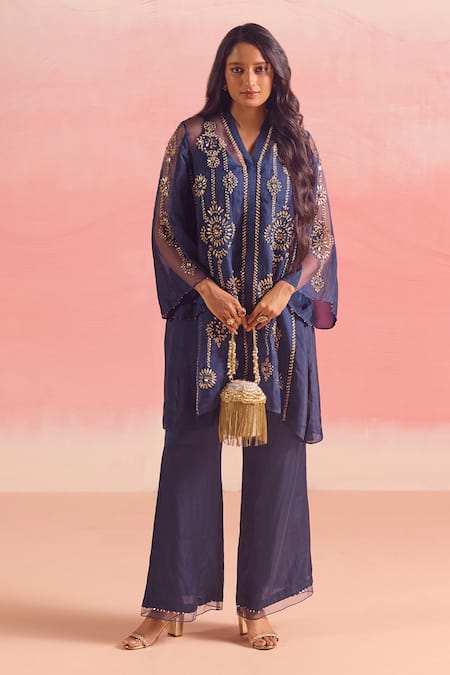 One Not Two Blue Kurta Silk And Organza Embroidery Crystals V-neck Gathered Yoke & Pant Set 