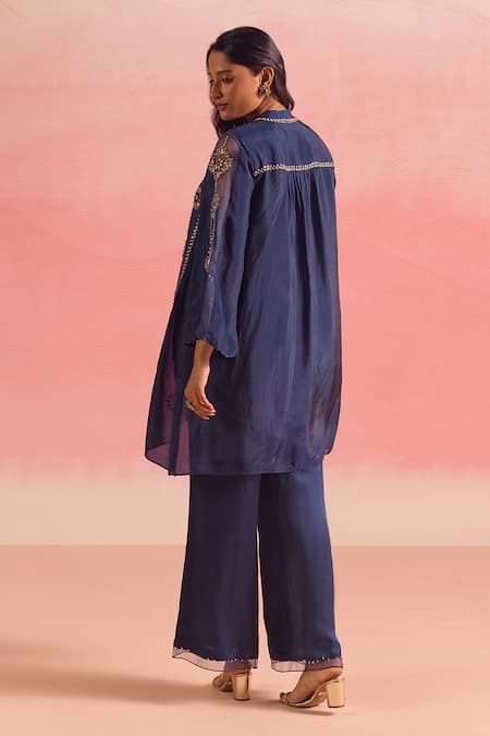 Shop One Not Two Blue Silk, Organza, Cotton, Satin Embroidered Gathered Yoke Kurta And Pant Set at Aza Fashions Shop_One Not Two_Blue Silk, Organza, Cotton, Satin Embroidered Gathered Yoke Kurta And Pant Set _at_Aza_Fashions