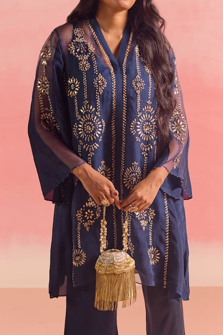 One Not Two Blue Silk, Organza, Cotton, Satin Embroidered Gathered Yoke Kurta And Pant Set Online at Aza Fashions One Not Two_Blue Silk, Organza, Cotton, Satin Embroidered Gathered Yoke Kurta And Pant Set _Online_at_Aza_Fashions