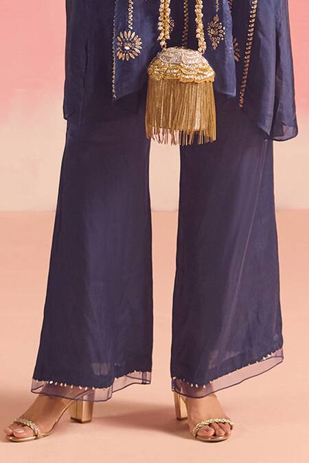 Shop One Not Two Blue Silk, Organza, Cotton, Satin Embroidered Gathered Yoke Kurta And Pant Set Online at Aza Fashions Shop_One Not Two_Blue Silk, Organza, Cotton, Satin Embroidered Gathered Yoke Kurta And Pant Set _Online_at_Aza_Fashions