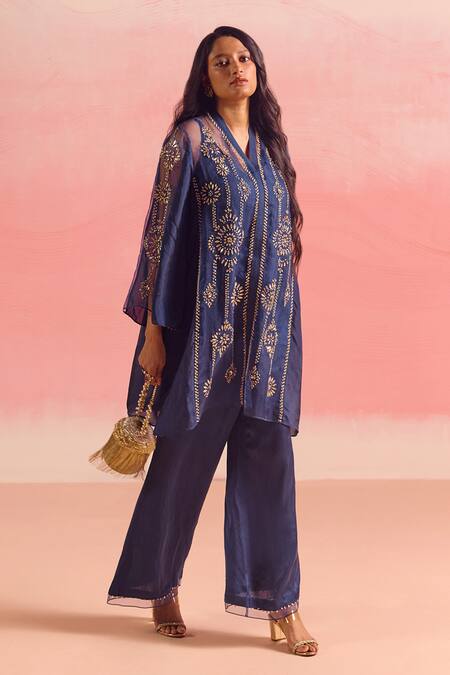 One Not Two Blue Silk, Organza, Cotton, Satin Embroidered Gathered Yoke Kurta And Pant Set at Aza Fashions One Not Two_Blue Silk, Organza, Cotton, Satin Embroidered Gathered Yoke Kurta And Pant Set _at_Aza_Fashions