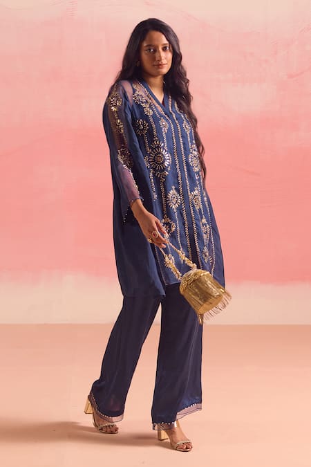 Buy One Not Two Blue Silk, Organza, Cotton, Satin Embroidered Gathered Yoke Kurta And Pant Set Buy_One Not Two_Blue Silk, Organza, Cotton, Satin Embroidered Gathered Yoke Kurta And Pant Set