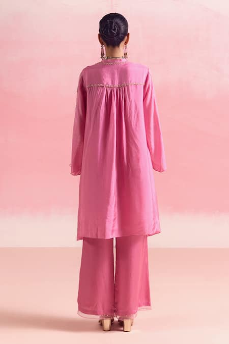 Shop One Not Two Pink Silk, Organza, Satin Crystals, Embroidered Asymmetric Kurta And Pant Set at Aza Fashions Shop_One Not Two_Pink Silk, Organza, Satin Crystals, Embroidered Asymmetric Kurta And Pant Set _at_Aza_Fashions