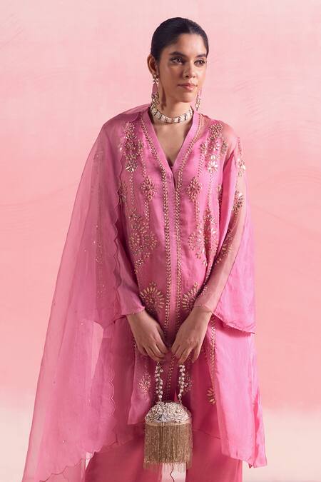 One Not Two Pink Silk, Organza, Satin Crystals, Embroidered Asymmetric Kurta And Pant Set Online at Aza Fashions One Not Two_Pink Silk, Organza, Satin Crystals, Embroidered Asymmetric Kurta And Pant Set _Online_at_Aza_Fashions