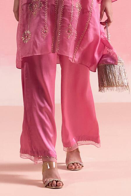 Shop One Not Two Pink Silk, Organza, Satin Crystals, Embroidered Asymmetric Kurta And Pant Set Online at Aza Fashions Shop_One Not Two_Pink Silk, Organza, Satin Crystals, Embroidered Asymmetric Kurta And Pant Set _Online_at_Aza_Fashions