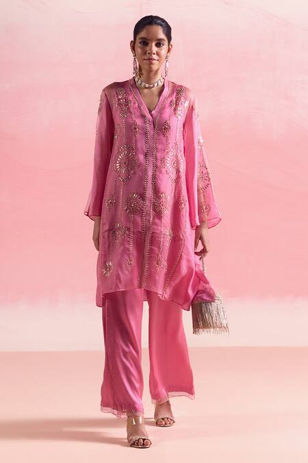 One Not Two Pink Silk, Organza, Satin Crystals, Embroidered Asymmetric Kurta And Pant Set at Aza Fashions One Not Two_Pink Silk, Organza, Satin Crystals, Embroidered Asymmetric Kurta And Pant Set _at_Aza_Fashions
