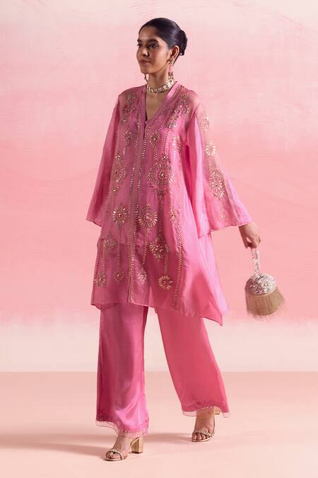 Buy One Not Two Pink Silk, Organza, Satin Crystals, Embroidered Asymmetric Kurta And Pant Set Buy_One Not Two_Pink Silk, Organza, Satin Crystals, Embroidered Asymmetric Kurta And Pant Set