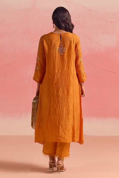 Shop One Not Two Orange Silk, Cotton, Satin Sequins, Embroidered Asymmetric Hem Kurta And Pant Set at Aza Fashions Shop_One Not Two_Orange Silk, Cotton, Satin Sequins, Embroidered Asymmetric Hem Kurta And Pant Set _at_Aza_Fashions