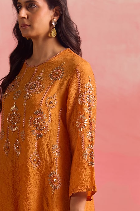 One Not Two Orange Silk, Cotton, Satin Sequins, Embroidered Asymmetric Hem Kurta And Pant Set Online at Aza Fashions One Not Two_Orange Silk, Cotton, Satin Sequins, Embroidered Asymmetric Hem Kurta And Pant Set _Online_at_Aza_Fashions